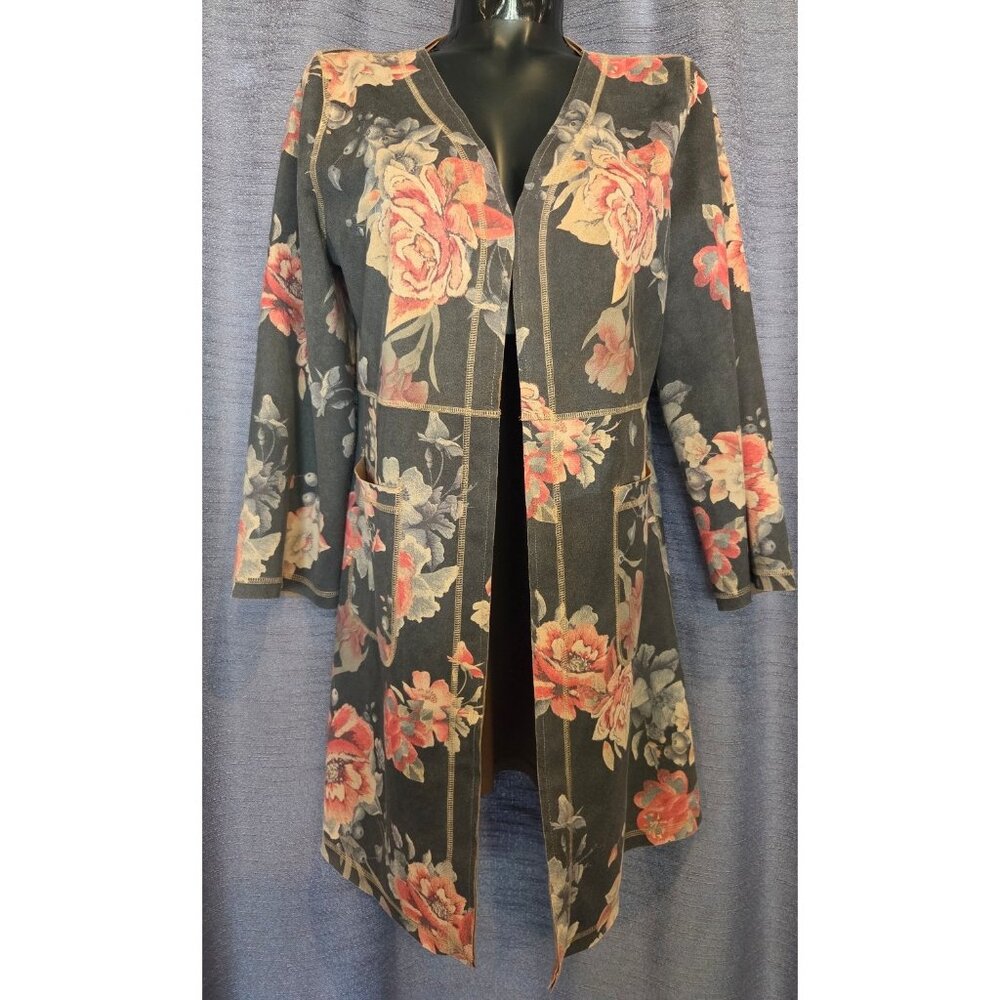 SOLITAIRE ANTHROPOLOGIE Womens Floral Vegan Suede Cardigan Boho Festival, sz L